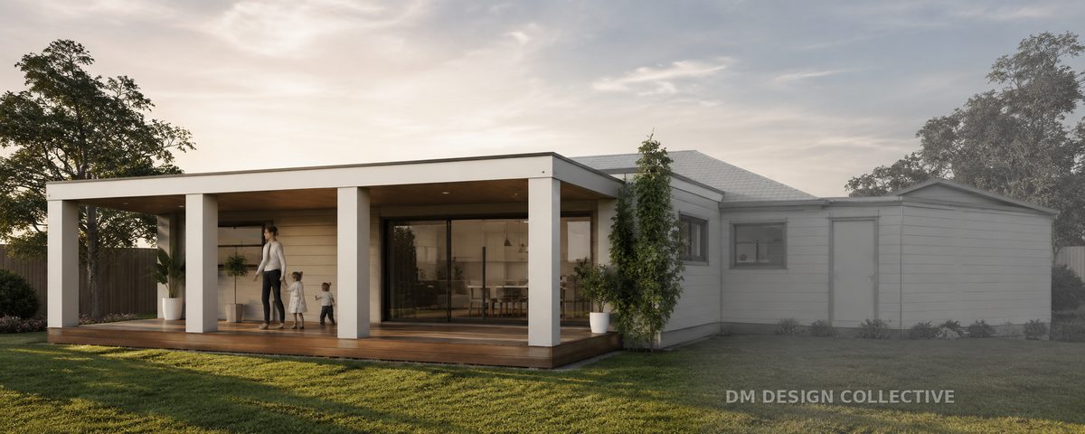 Deck addition render — outdoor living area added to an existing home